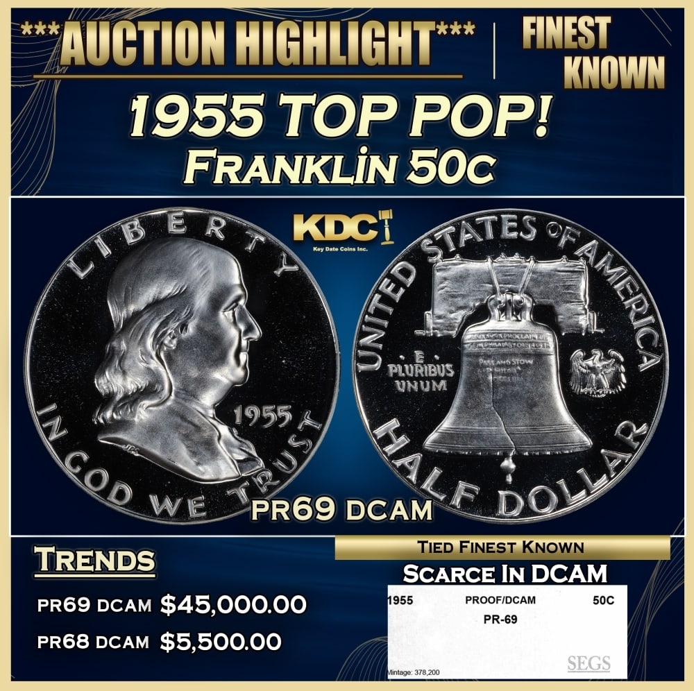 1955 Proof Franklin Half Dollar TOP POP! 50c pr69 dcam SEGS: 1955 TOP POP! Franklin Half Dollar 50c pr69 dcam SEGS. Historic precious metal trends is causing increased spot pricing by the day. On auctions with set openings, we are doing our best to have items p