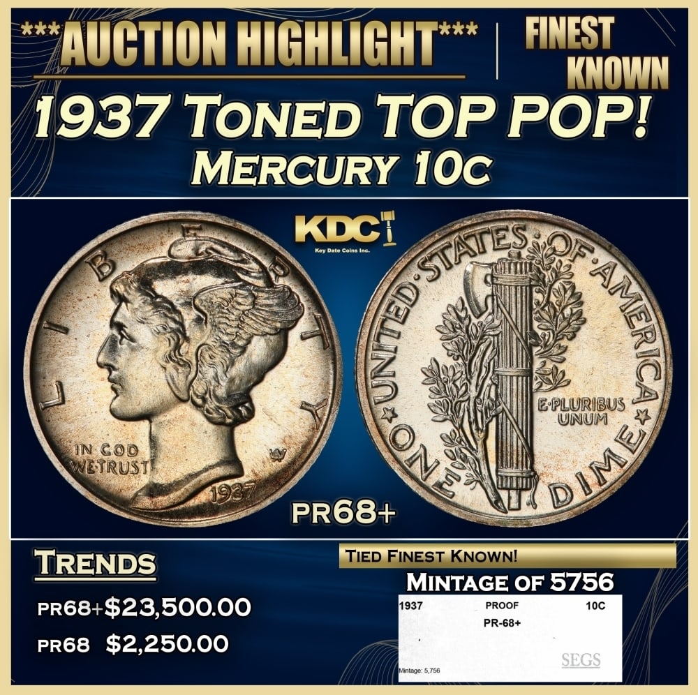 1937 Proof Mercury Dime Toned TOP POP! 10c pr68+ SEGS: 1937 Toned TOP POP! Mercury Dime 10c pr68+ SEGS. 0