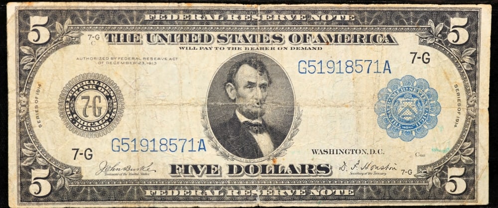 1914 $5 Large Size Blue Seal Federal Reserve Note Chicago, IL Grades vf+ FR-871 - 2