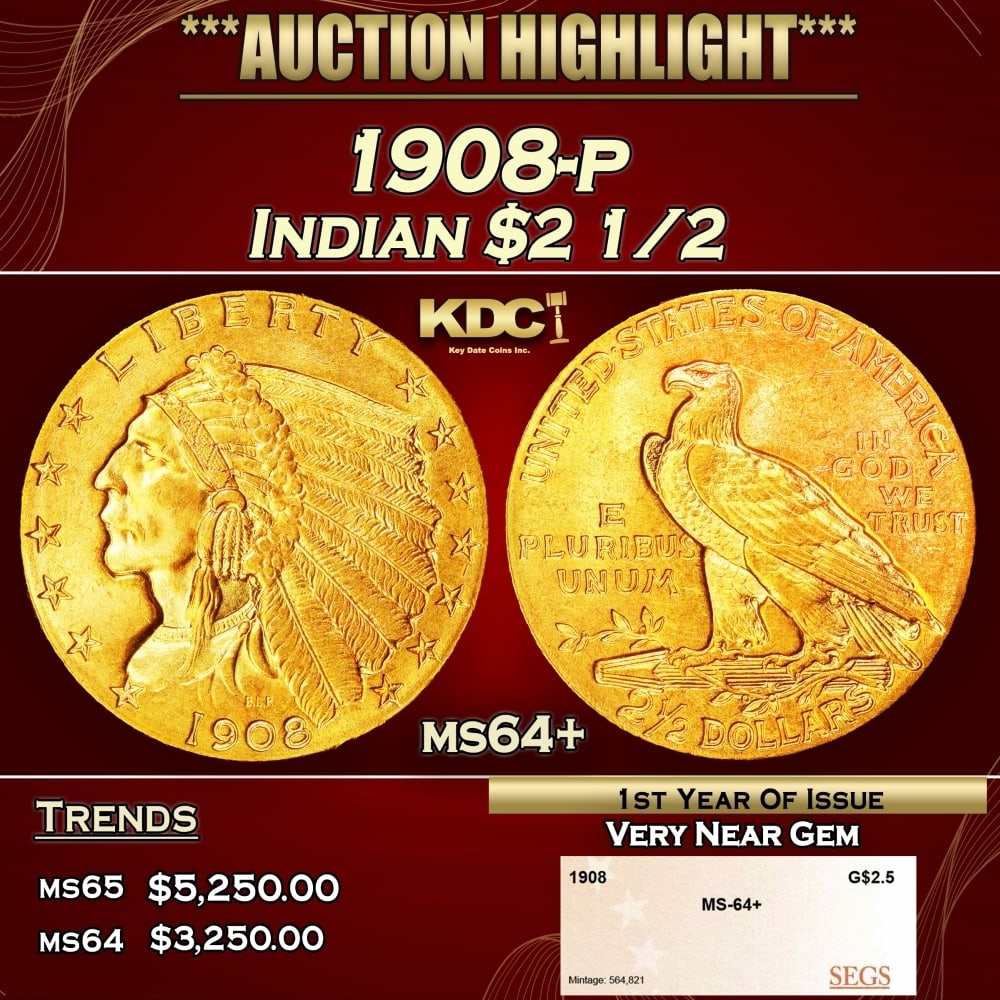 1908-p Gold Indian Quarter Eagle $2 1/2 ms64+ SEGS (1 of 4)