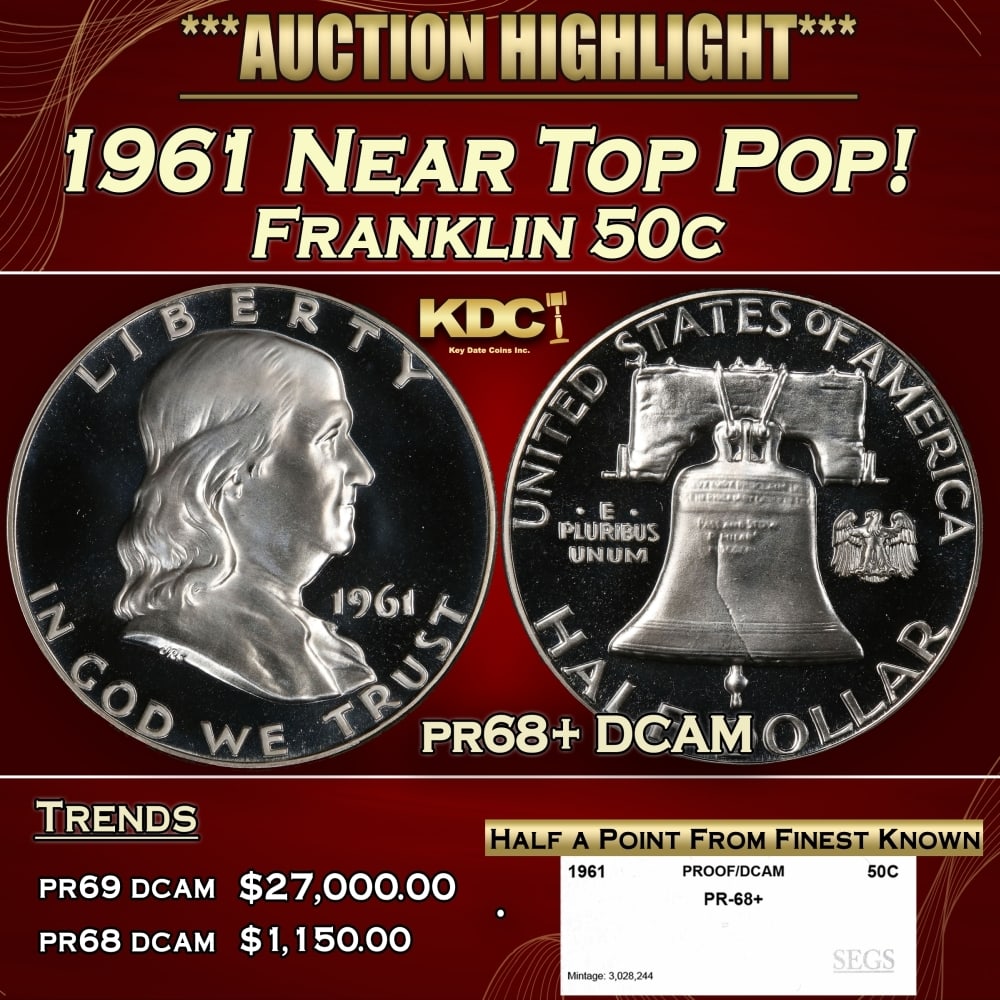 1961 Proof Franklin Half Dollar Near Top Pop! 50c pr68+ DCAM SEGS: 1961 Near Top Pop! Franklin Half Dollar 50c pr68+ DCAM SEGS. Historic precious metal trends is causing increased spot pricing by the day. On auctions with set openings, we are doing our best