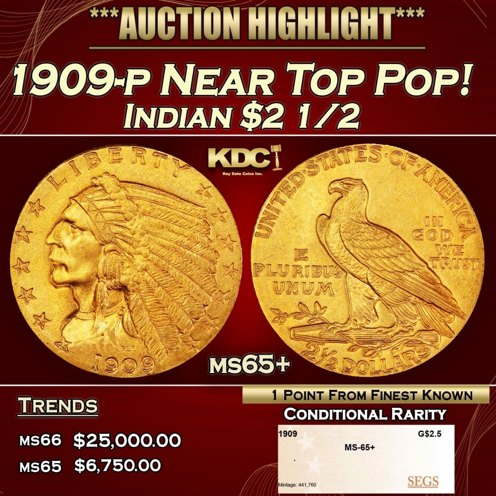1909-p Gold Indian Quarter Eagle Near Top Pop! $2 1/2 ms65+ SEGS: 1909-p Near Top Pop! Gold Indian Quarter Eagle $2 1/2 ms65+ SEGS. Historic precious metal trends is causing increased spot pricing by the day. On auctions with set openings, we are doing our best to h