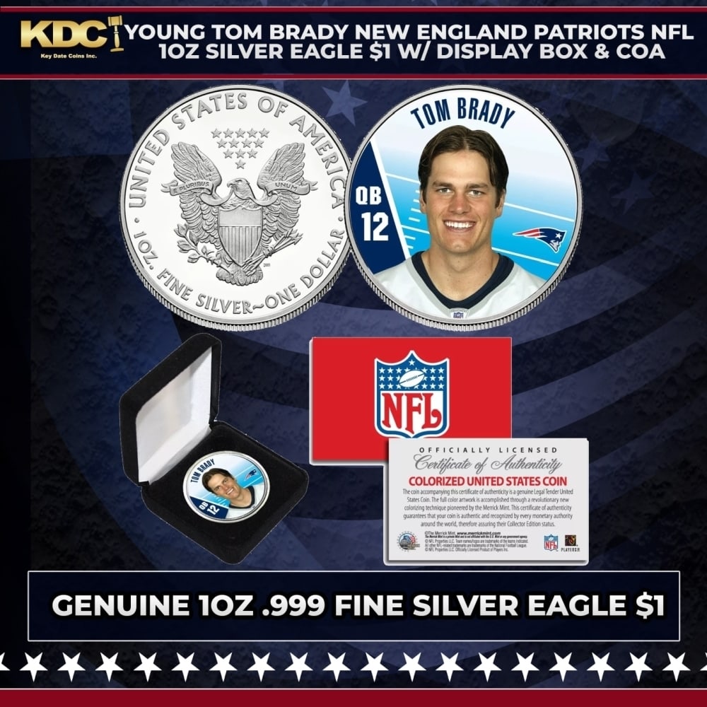 Young Tom Brady New England Patriots NFL 1oz Silver Eagle $1 w/ Display Box & COA Other Toy: Young Tom Brady New England Patriots NFL 1oz Silver Eagle $1 w/ Display Box & COA. Here’s your chance to own a stunning young TOM BRADY colorized American Silver Eagle Dollar U.S. coin, expertly col