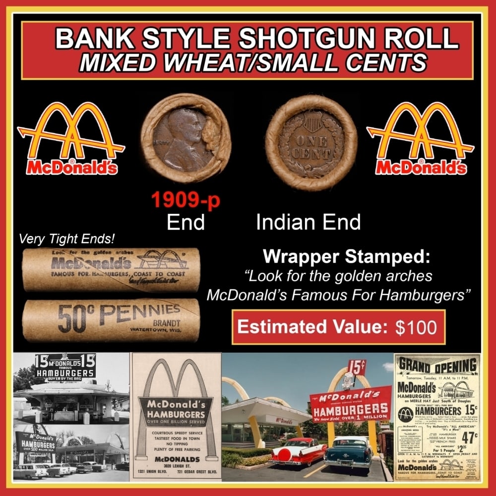 Lincoln Wheat Cent 1c Mixed Roll Orig Brandt McDonalds Wrapper, 1909-p end, Indian other end: Lincoln Wheat Cent 1c Mixed Roll Orig Brandt McDonalds Wrapper, 1909-p end, Indian other end. Lincoln Wheat Cent 1c mixed original Shotgun Roll. Actual roll pictured is the roll you will get. A great