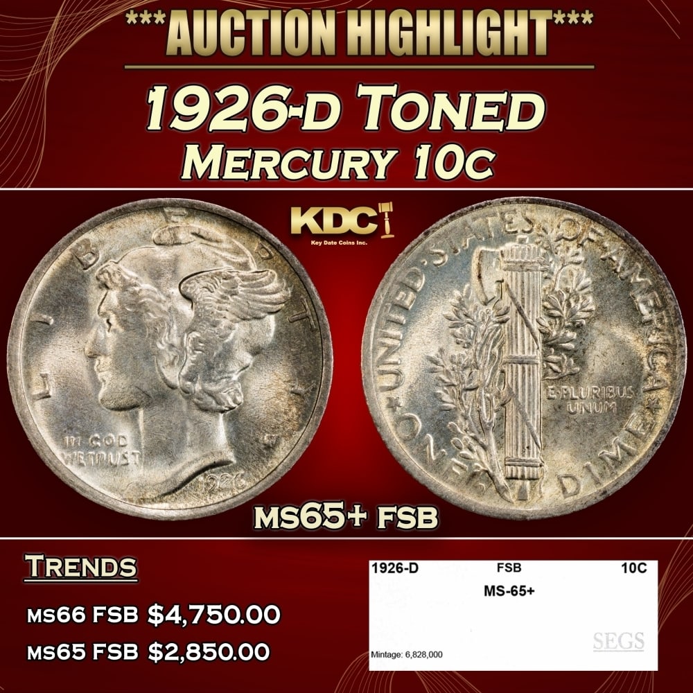 1926-d Mercury Dime Toned 10c ms65+ fsb SEGS (1 of 4)