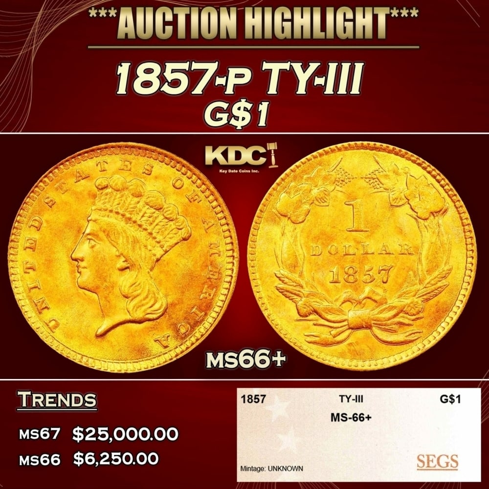 1857-p Gold Dollar TY-III $1 ms66+ SEGS: 1857-p TY-III Gold Dollar $1 ms66+ SEGS. 0