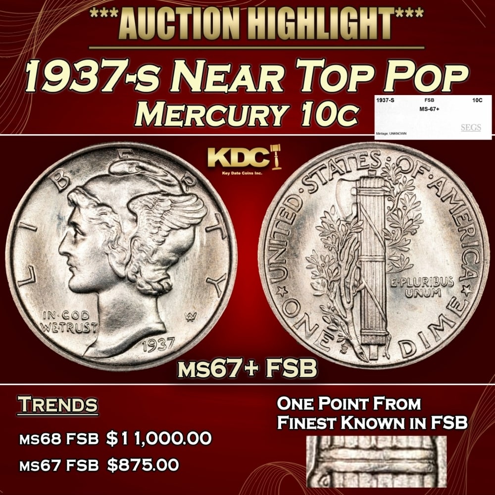 1937-s Mercury Dime Near Top Pop 10c ms67+ FSB SEGS: 1937-s Near Top Pop Mercury Dime 10c ms67+ FSB SEGS. 0 Historic precious metal trends is causing increased spot pricing by the day. On auctions with set openings, we are doing our best to have items p