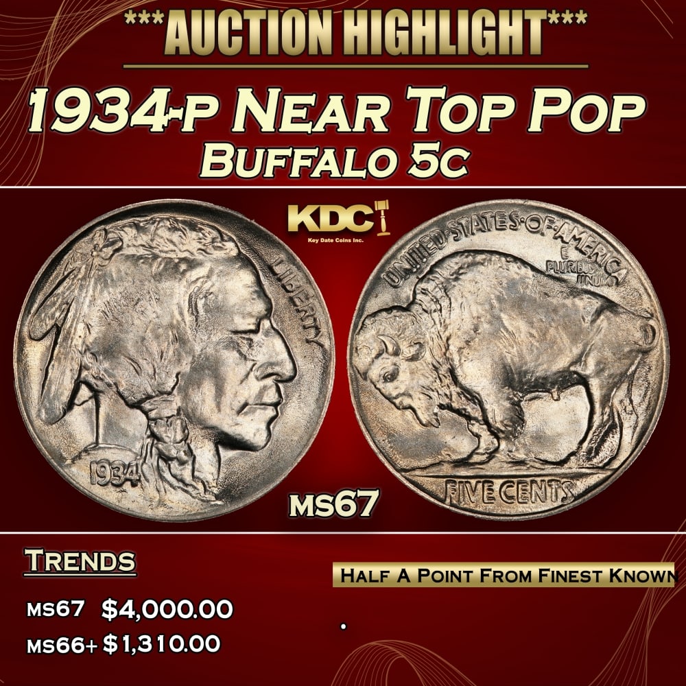 1934-p Buffalo Nickel Near Top Pop 5c ms67 SEGS: 1934-p Near Top Pop Buffalo Nickel 5c ms67 SEGS. 0