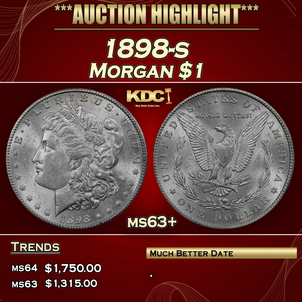 1898-s Morgan Dollar $1 ms63+ USCG: 1898-s Morgan Dollar $1 ms63+ USCG. 0