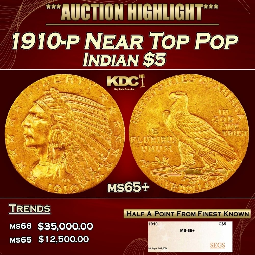 1910-p Gold Indian Half Eagle Near Top Pop $5 ms65+ SEGS: 1910-p Near Top Pop Gold Indian Half Eagle $5 ms65+ SEGS. 0