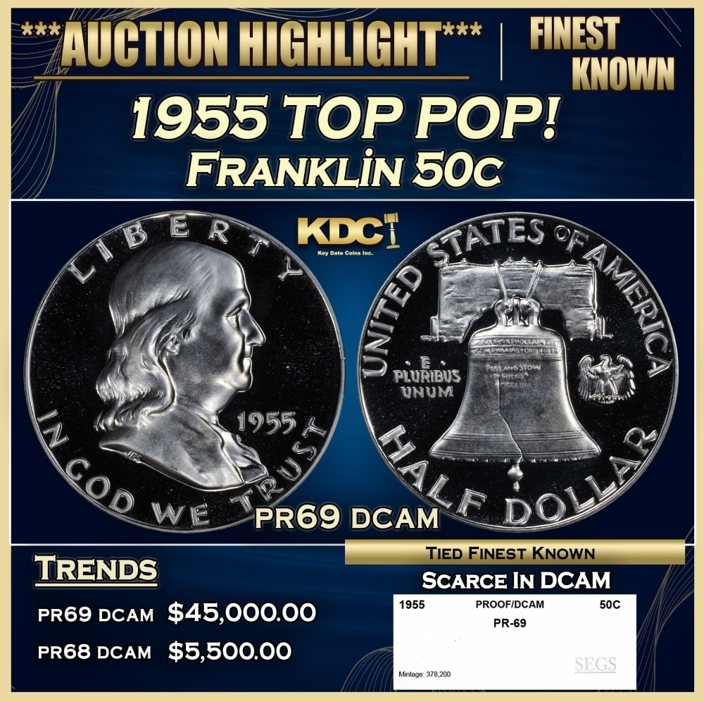 1955 Proof Franklin Half Dollar TOP POP! 50c pr69 dcam SEGS: 1955 TOP POP! Franklin Half Dollar 50c pr69 dcam SEGS. Historic precious metal trends is causing increased spot pricing by the day. On auctions with set openings, we are doing our best to have items p