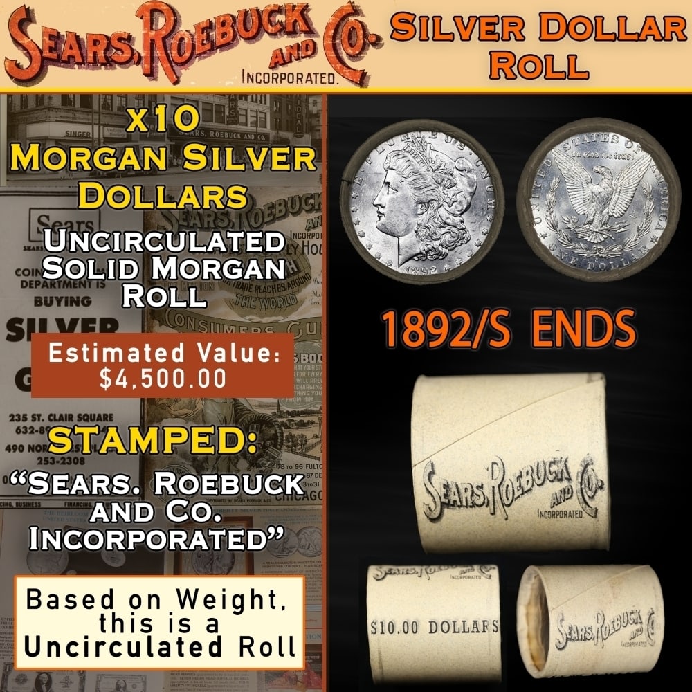 10 Coin SEARS UNC Morgan Silver Dollar $1 Roll 1892/'S' Rev Ends: 10 Coin SEARS UNC Morgan Silver Dollar $1 Roll 1892/'S' Rev Ends. Up For Auction is a 47- 10 Coin SEARS UNC Morgan Silver Dollar $1 Roll 1892/'P' Rev Ends Roll Weighing 270.5 g Based On this weight th