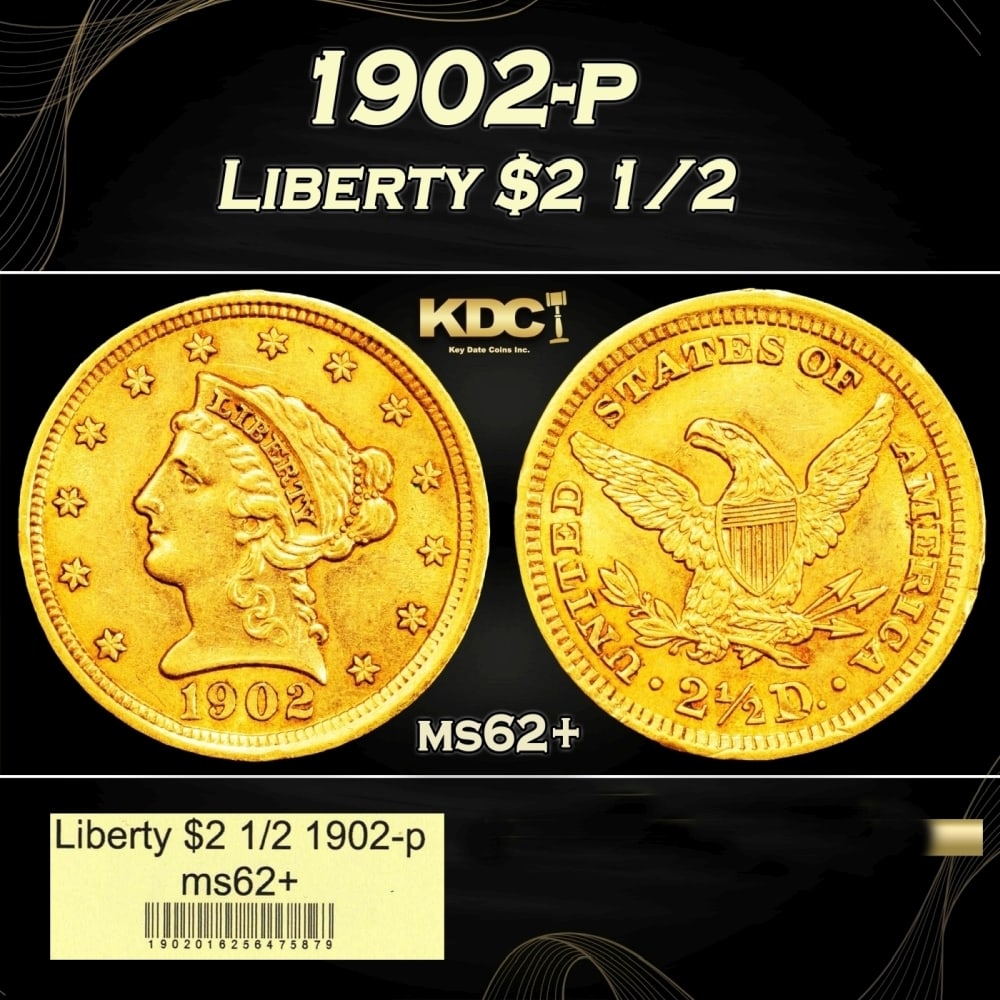 1902-p Gold Liberty Quarter Eagle $2 1/2 ms62+ USCG: 1902-p Gold Liberty Quarter Eagle $2 1/2 ms62+ USCG. 0