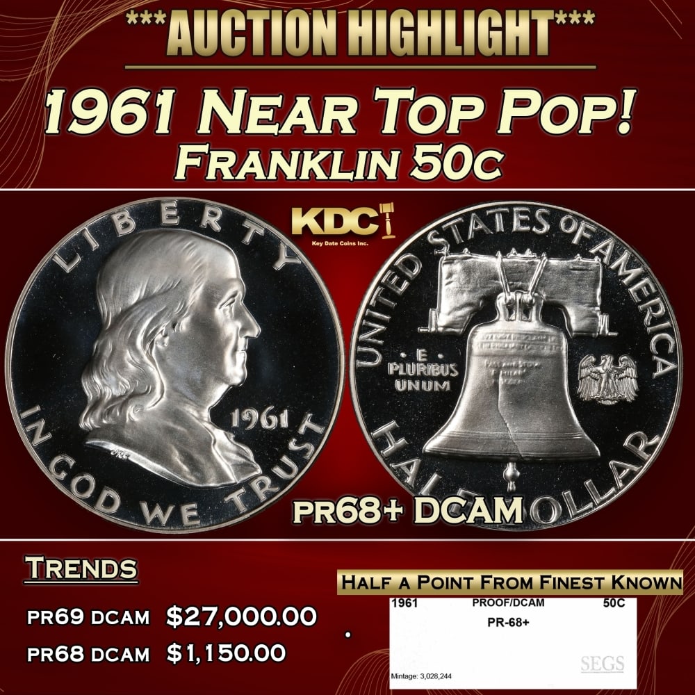 1961 Proof Franklin Half Dollar Near Top Pop! 50c pr68+ DCAM SEGS: 1961 Near Top Pop! Franklin Half Dollar 50c pr68+ DCAM SEGS. Historic precious metal trends is causing increased spot pricing by the day. On auctions with set openings, we are doing our best to have i