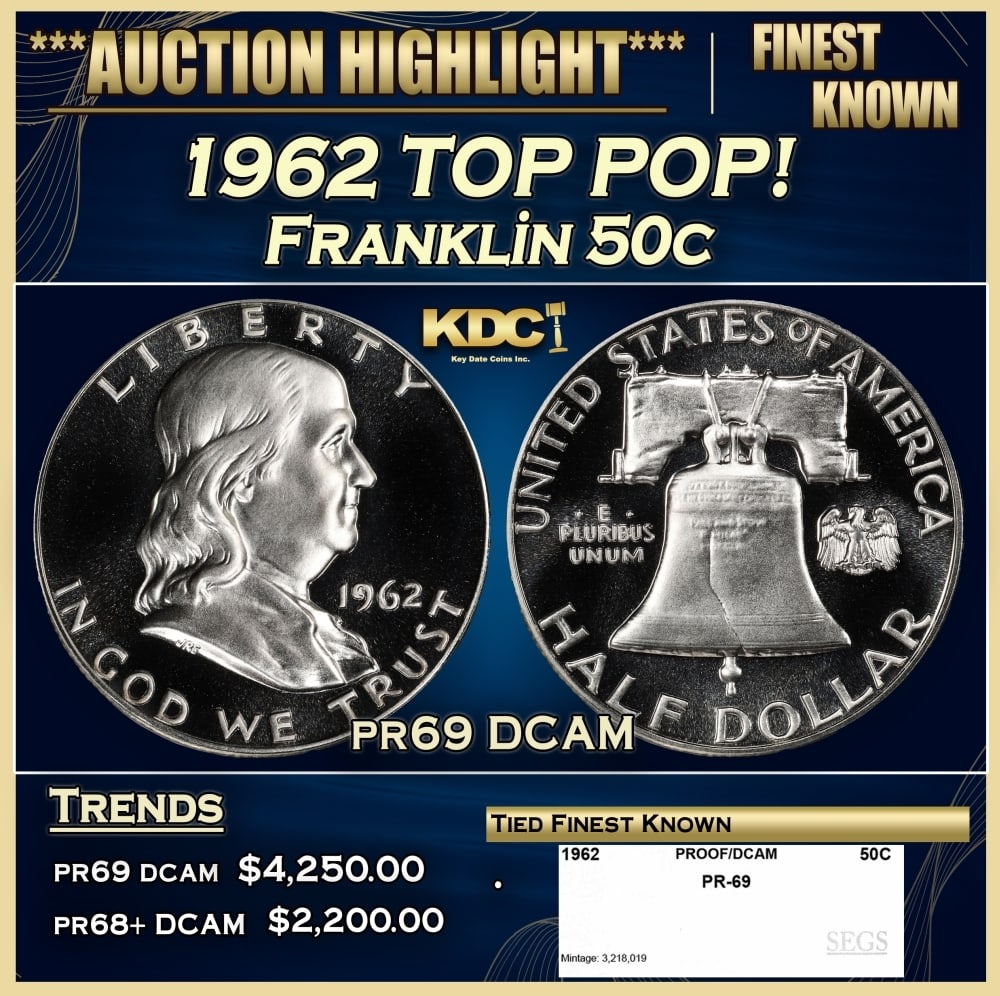 1962 Proof Franklin Half Dollar TOP POP! 50c pr69 DCAM SEGS: 1962 TOP POP! Franklin Half Dollar 50c pr69 DCAM SEGS. Historic precious metal trends is causing increased spot pricing by the day. On auctions with set openings, we are doing our best to have items p