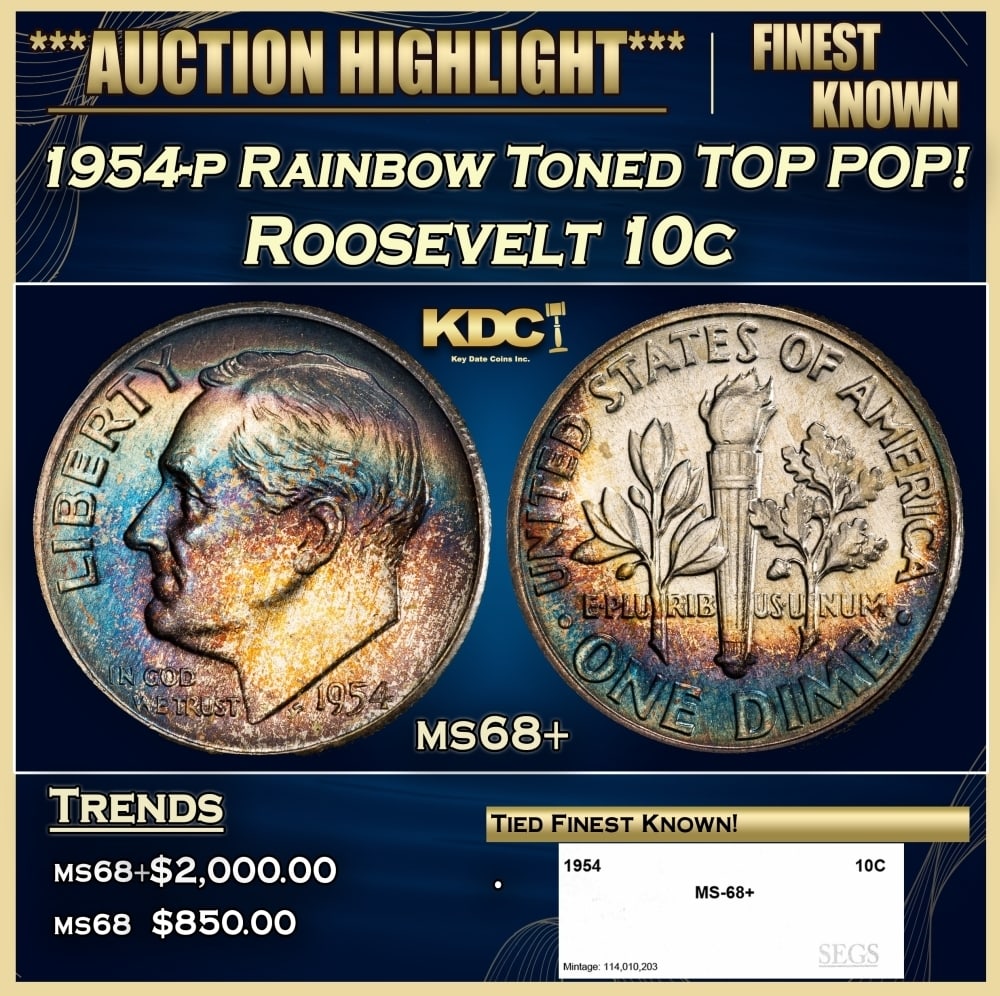 1954-p Roosevelt Dime Rainbow Toned TOP POP! 10c ms68+ SEGS: 1954-p Rainbow Toned TOP POP! Roosevelt Dime 10c ms68+ SEGS. 0