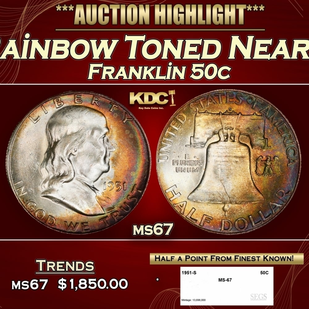 1951-s Franklin Half Dollar Rainbow Toned Near Top Pop 50c ms67 SEGS: 1951-s Rainbow Toned Near Top Pop Franklin Half Dollar 50c ms67 SEGS. 0