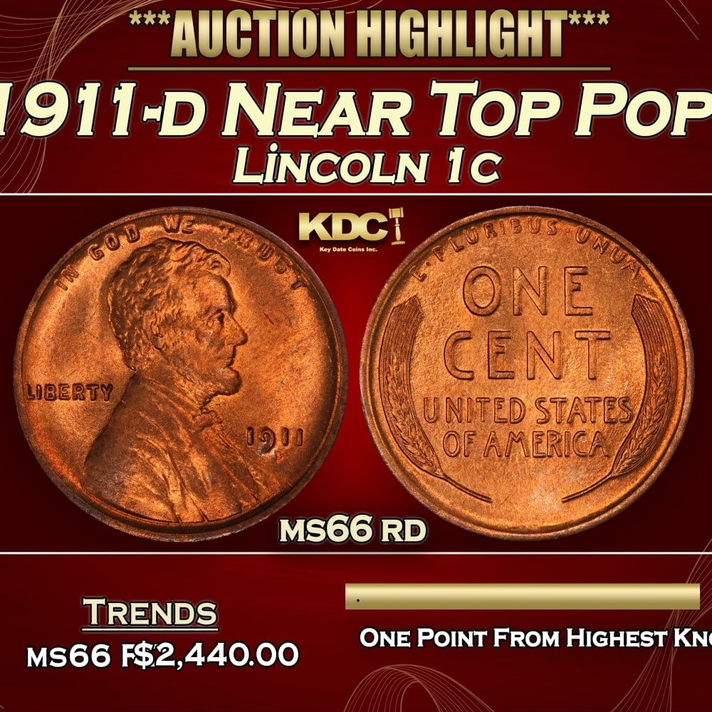 1911-d Lincoln Cent Near Top Pop! 1c ms66 rd SEGS: 1911-d Near Top Pop! Lincoln Cent 1c ms66 rd SEGS. Incredibly scarce date. Out of an original mintage of over 12 million, 0