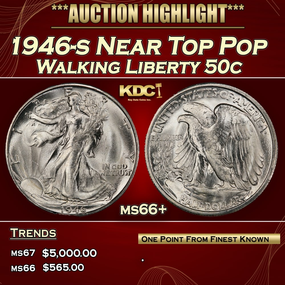 1946-s Walking Liberty Half Dollar Near Top Pop 50c ms66+ SEGS: 1946-s Near Top Pop Walking Liberty Half Dollar 50c ms66+ SEGS.