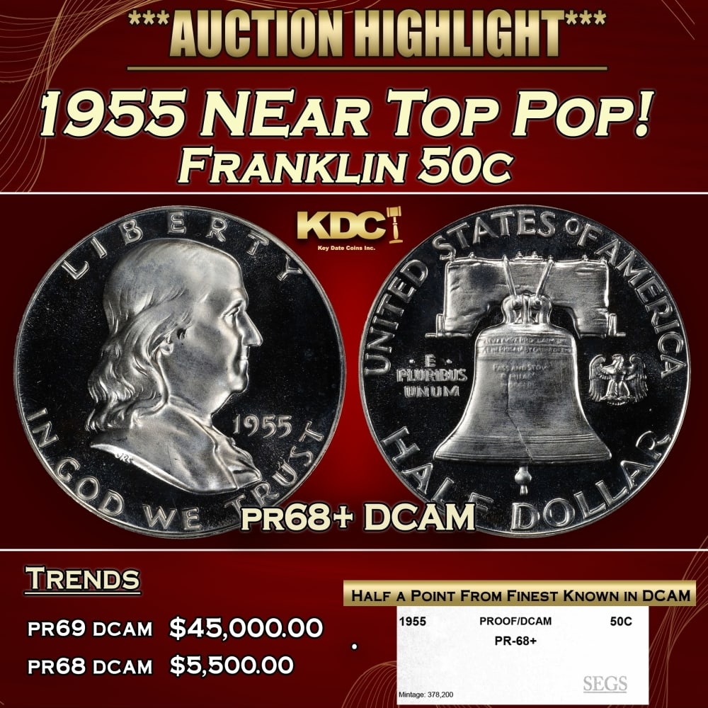 1955 Proof Franklin Half Dollar NEar Top Pop! 50c pr68+ DCAM SEGS: 1955 NEar Top Pop! Franklin Half Dollar 50c pr68+ DCAM SEGS. Historic precious metal trends is causing increased spot pricing by the day. On auctions with set openings, we are doing our best to have i