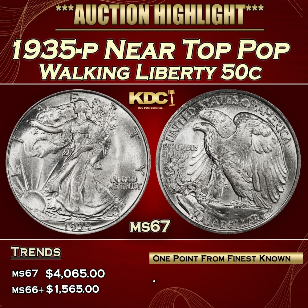 1935-p Walking Liberty Half Dollar Near Top Pop 50c ms67 SEGS: 1935-p Near Top Pop Walking Liberty Half Dollar 50c ms67 SEGS.