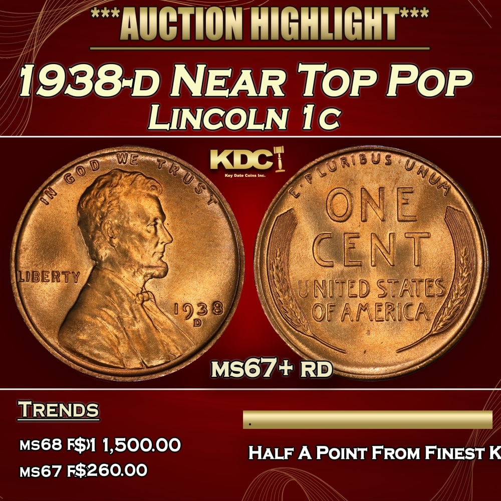 1938-d Lincoln Cent Near Top Pop 1c ms67+ rd SEGS: 1938-d Near Top Pop Lincoln Cent 1c ms67+ rd SEGS. 0