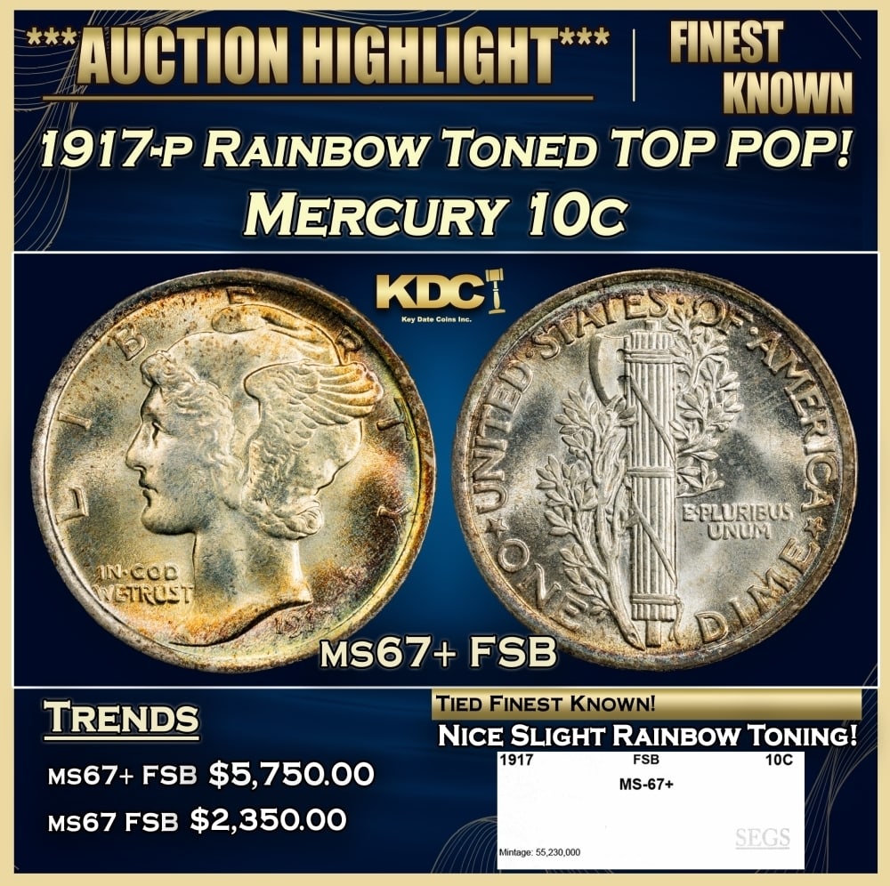1917-p Mercury Dime Rainbow Toned TOP POP! 10c ms67+ FSB SEGS: 1917-p Rainbow Toned TOP POP! Mercury Dime 10c ms67+ FSB SEGS. 0