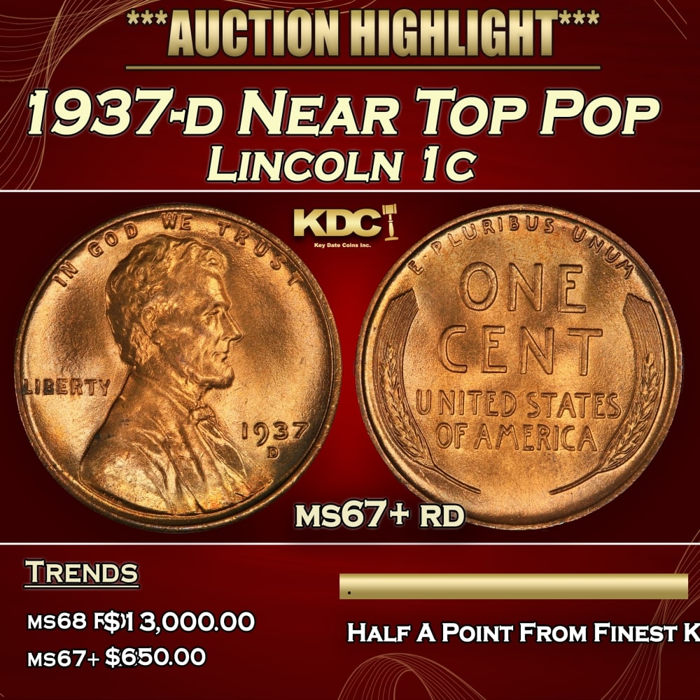 1937-d Lincoln Cent Near Top Pop 1c ms67+ rd SEGS: 1937-d Near Top Pop Lincoln Cent 1c ms67+ rd SEGS. 0