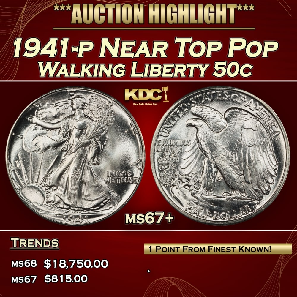 1941-p Walking Liberty Half Dollar Near Top Pop 50c ms67+ SEGS: 1941-p Near Top Pop Walking Liberty Half Dollar 50c ms67+ SEGS.