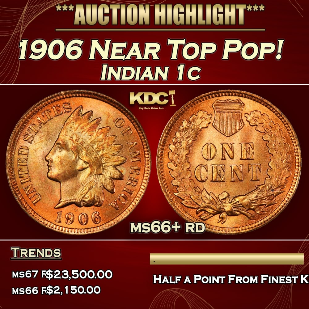 1906 Indian Cent Near Top Pop! 1c ms66+ rd SEGS: 1906 Near Top Pop! Indian Cent 1c ms66+ rd SEGS. 0