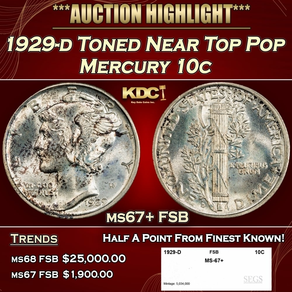 1929-d Mercury Dime Toned Near Top Pop 10c ms67+ FSB SEGS (1 of 4)