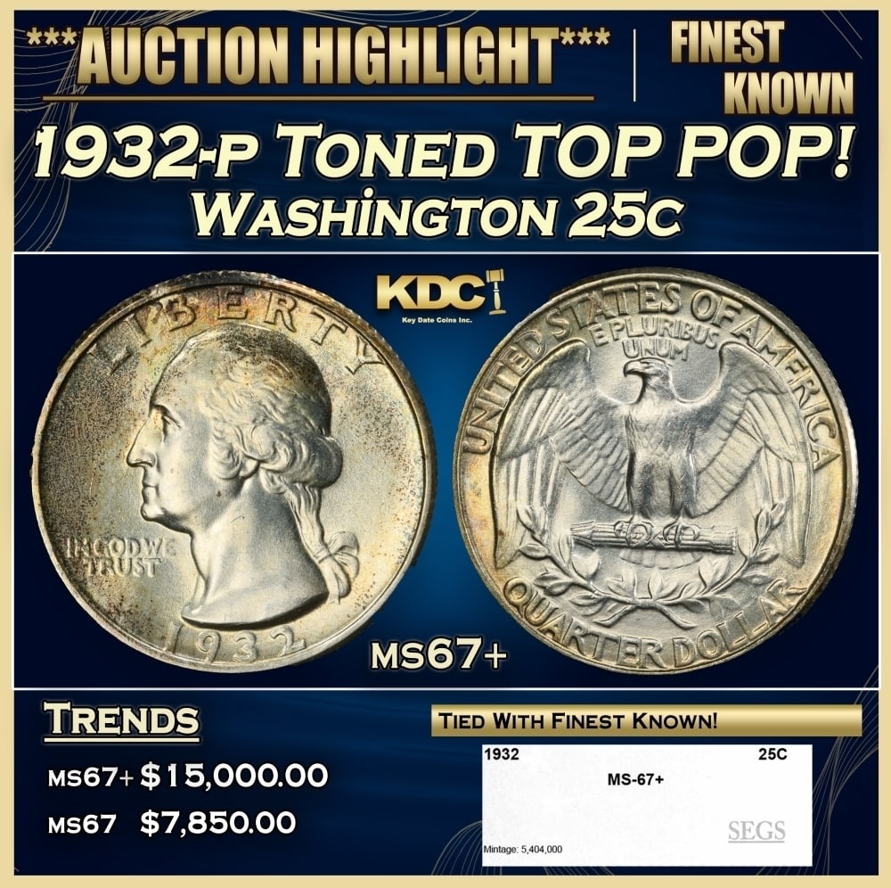 1932-p Washington Quarter Toned TOP POP! 25c ms67+ SEGS: 1932-p Toned TOP POP! Washington Quarter 25c ms67+ SEGS. 0