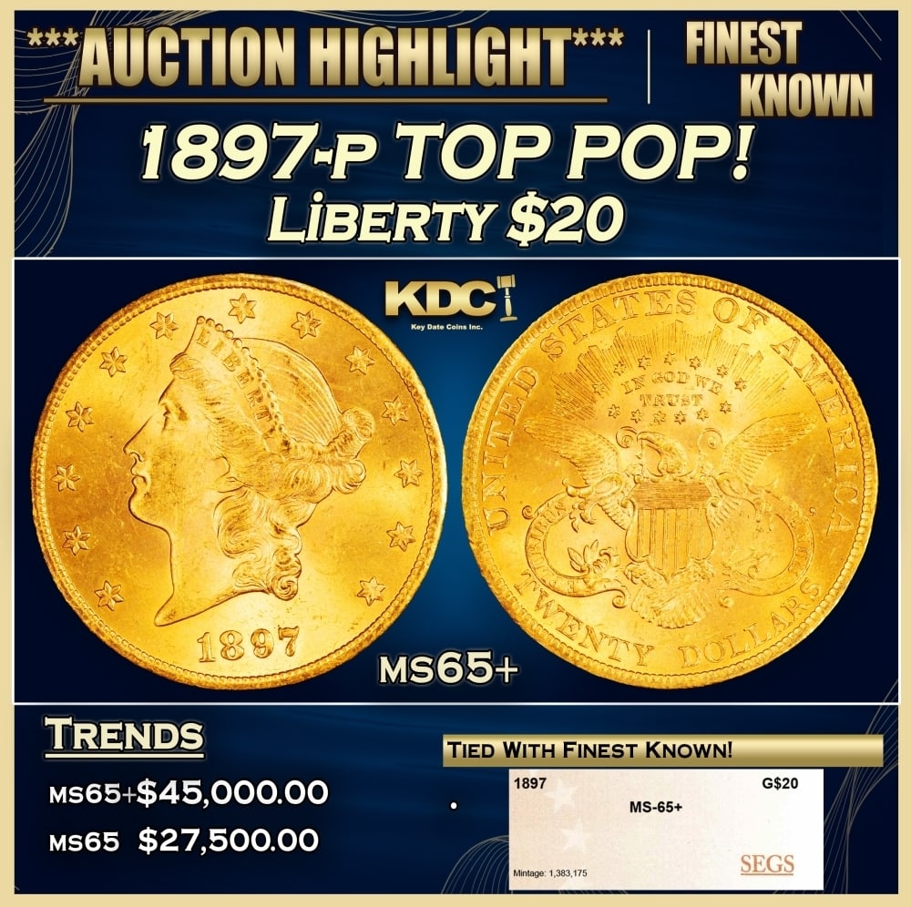 1897-p Gold Liberty Double Eagle TOP POP! $20 ms65+ SEGS: 1897-p TOP POP! Gold Liberty Double Eagle $20 ms65+ SEGS. 0