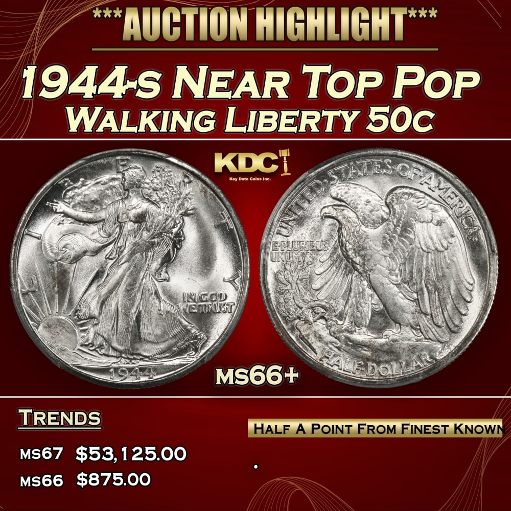 1944-s Walking Liberty Half Dollar Near Top Pop 50c ms66+ SEGS: 1944-s Near Top Pop Walking Liberty Half Dollar 50c ms66+ SEGS.