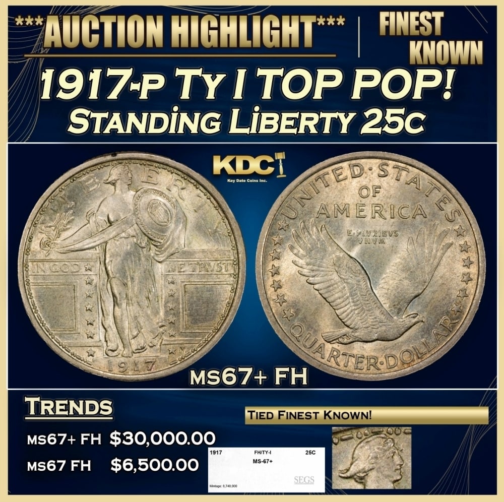 1917-p Ty I Standing Liberty Quarter TOP POP! 25c ms67+ FH SEGS: 1917-p Ty I TOP POP! Standing Liberty Quarter 25c ms67+ FH SEGS. 0