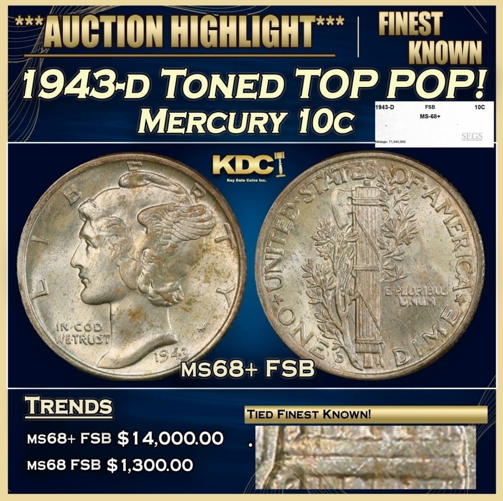 1943-d Mercury Dime Toned TOP POP! 10c ms68+ FSB SEGS: 1943-d Toned TOP POP! Mercury Dime 10c ms68+ FSB SEGS. 0
