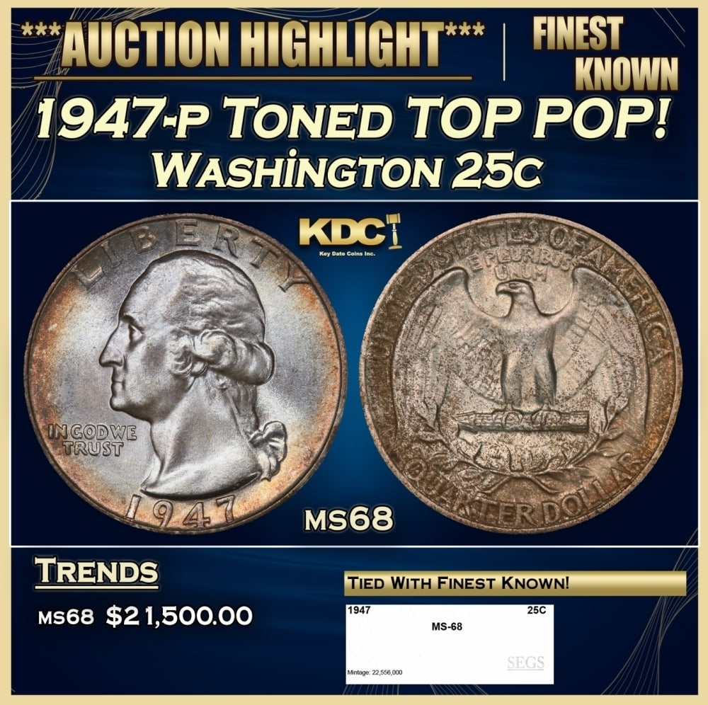 1947-p Washington Quarter Toned TOP POP! 25c ms68 SEGS: 1947-p Toned TOP POP! Washington Quarter 25c ms68 SEGS. 0