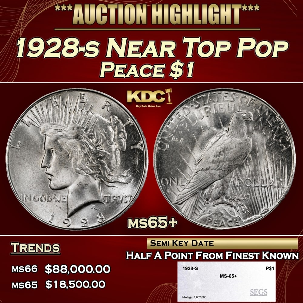 1928-s Peace Dollar Near Top Pop $1 ms65+ SEGS: 1928-s Near Top Pop Peace Dollar $1 ms65+ SEGS. 0