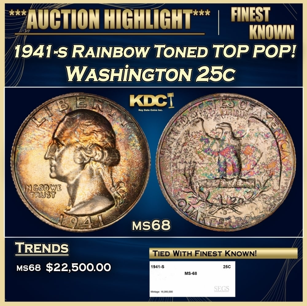 1941-s Washington Quarter Rainbow Toned TOP POP! 25c ms68 SEGS: 1941-s Rainbow Toned TOP POP! Washington Quarter 25c ms68 SEGS. 0