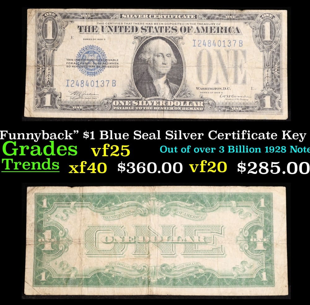 1928D $1 Blue Seal Silver Certificate "Funnyback" Key To Series Grades vf+: 1928D $1 Blue Seal Silver Certificate "Funnyback" Key To Series Grades vf+. FR-1604 Julian-Woodin These were the first notes to be called funnybacks. The reason they are called funnybacks is because o