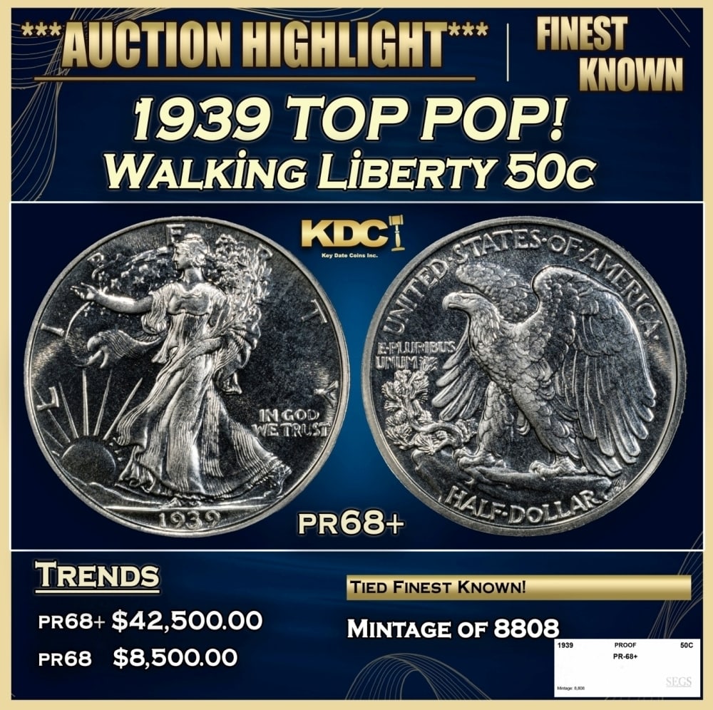 1939 Proof Walking Liberty Half Dollar TOP POP! 50c pr68+ SEGS: 1939 TOP POP! Walking Liberty Half Dollar 50c pr68+ SEGS. 0