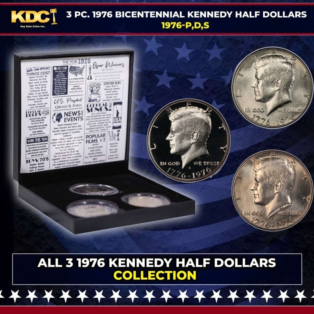 Complete 3 PC. 1976 Bicentennial Kennedy Half Dollar 50c set In Custom Box W/ Special Backer Card BU: Complete 3 PC. 1976 Bicentennial Kennedy Half Dollar 50c set In Custom Box W/ Special Backer Card BU & Proof COOL!. Please Note All Backer Cards may have slight differences but will be very similar if