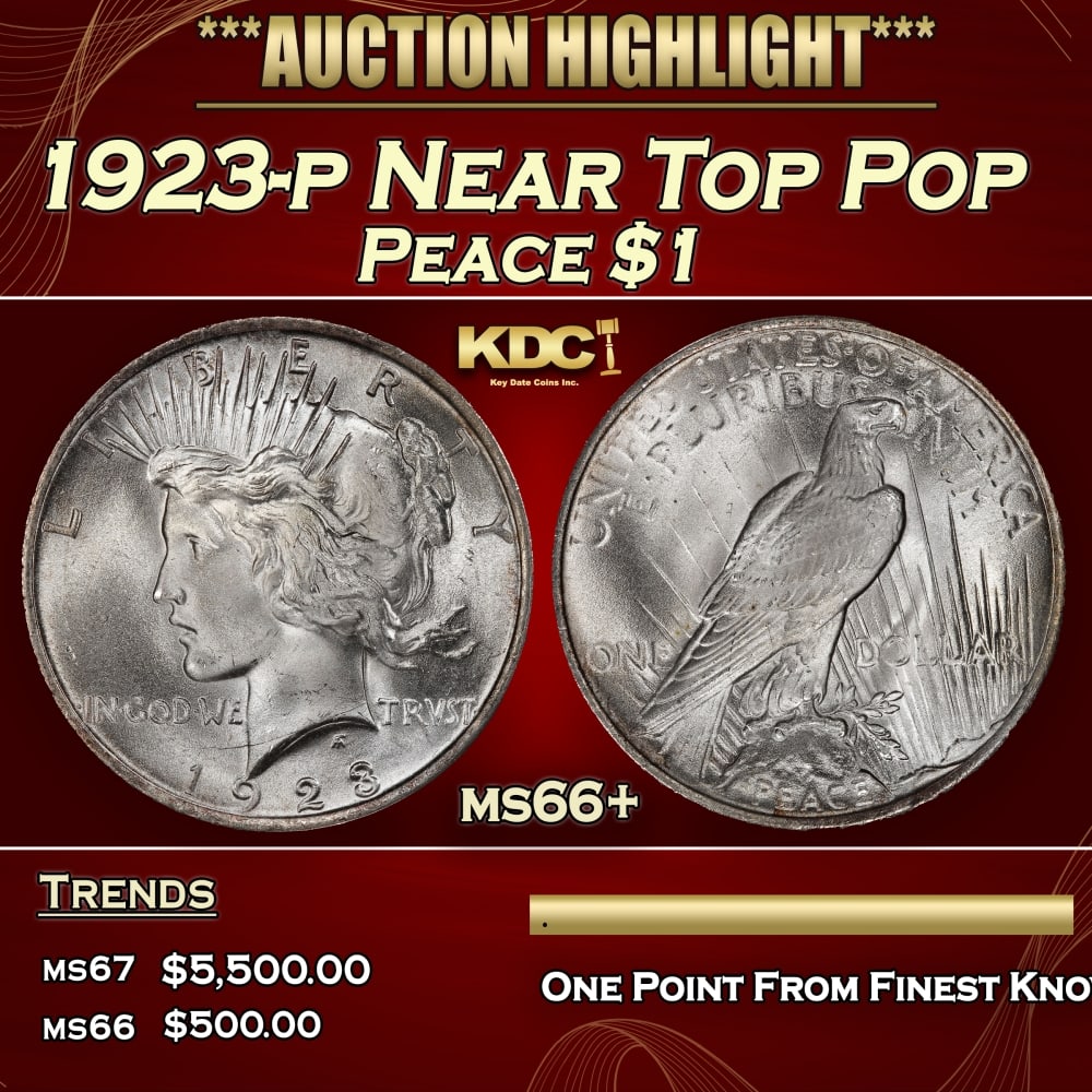 1923-p Peace Dollar Near Top Pop $1 ms66+ SEGS: 1923-p Near Top Pop Peace Dollar $1 ms66+ SEGS. 0