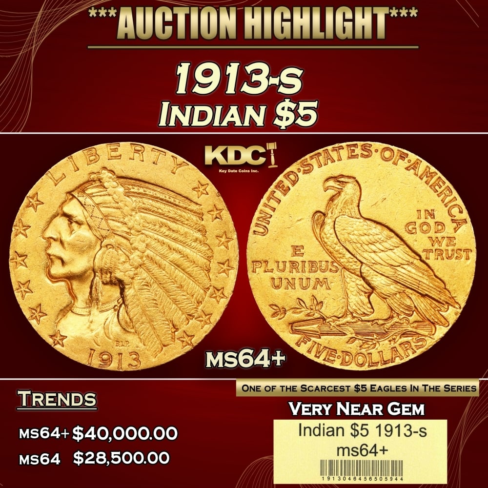 1913-s Gold Indian Half Eagle $5 ms64+ USCG (1 of 4)