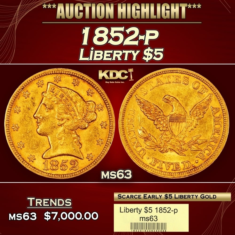 1852-p Gold Liberty Half Eagle $5 ms63 USCG (1 of 4)
