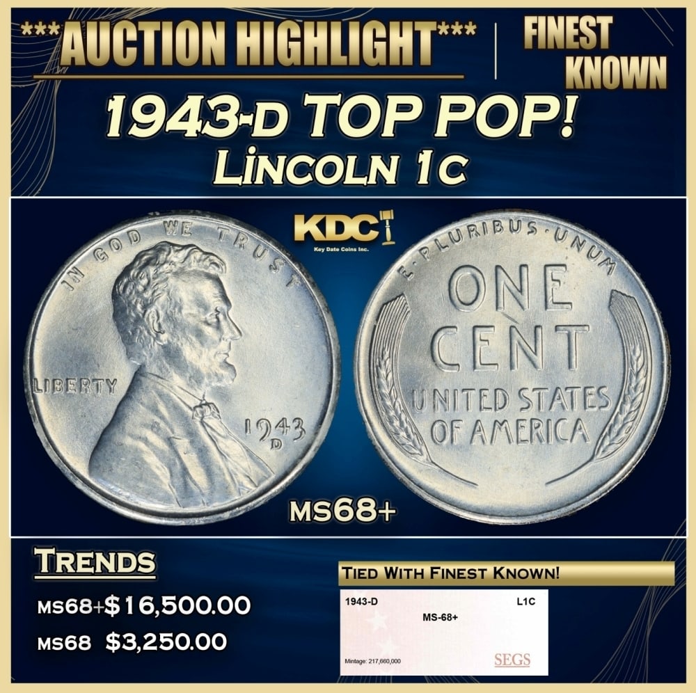 1943-d Lincoln Cent TOP POP! 1c ms68+ SEGS: 1943-d TOP POP! Lincoln Cent 1c ms68+ SEGS. One year type coin. The much heralded, "Steel" WWII cent. Great example of a favorite coin. The 1943-d Wartime issue Steel Cent. The d mint is a scarcer min