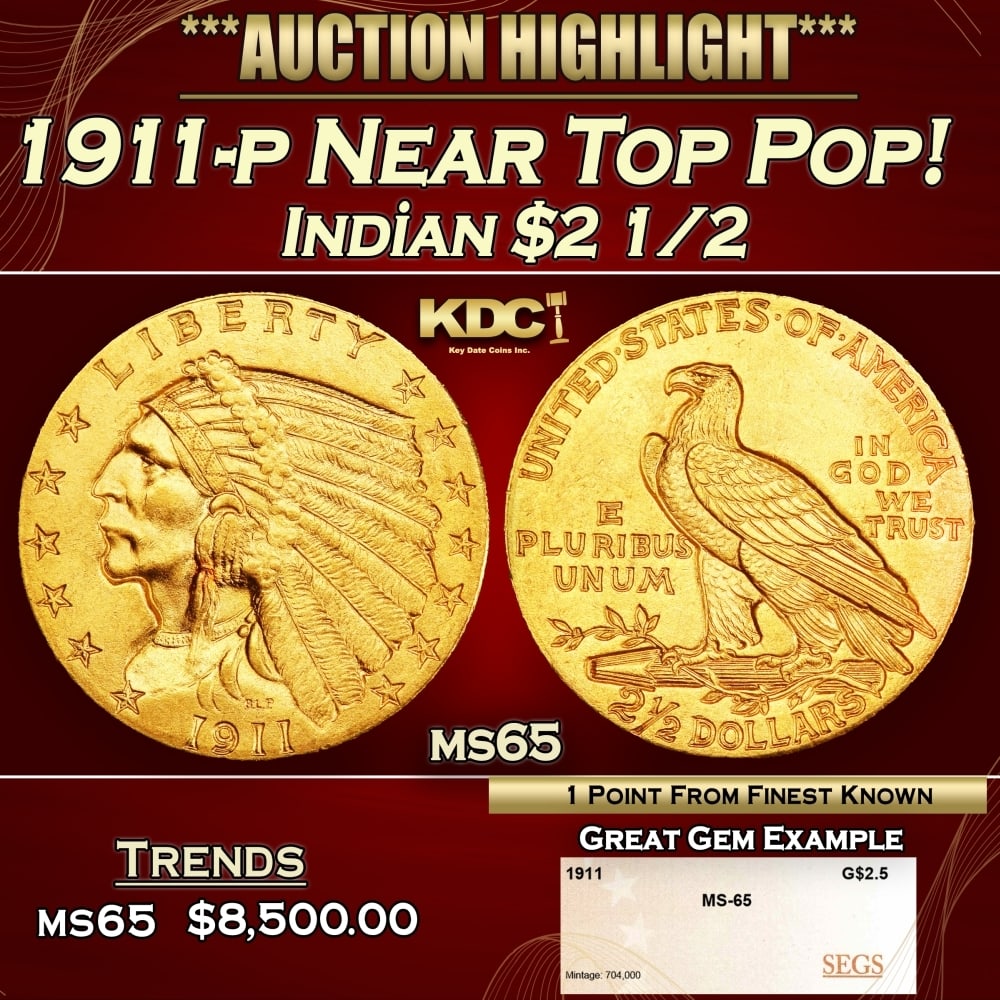 1911-p Gold Indian Quarter Eagle Near Top Pop! $2 1/2 ms65 SEGS (1 of 4)