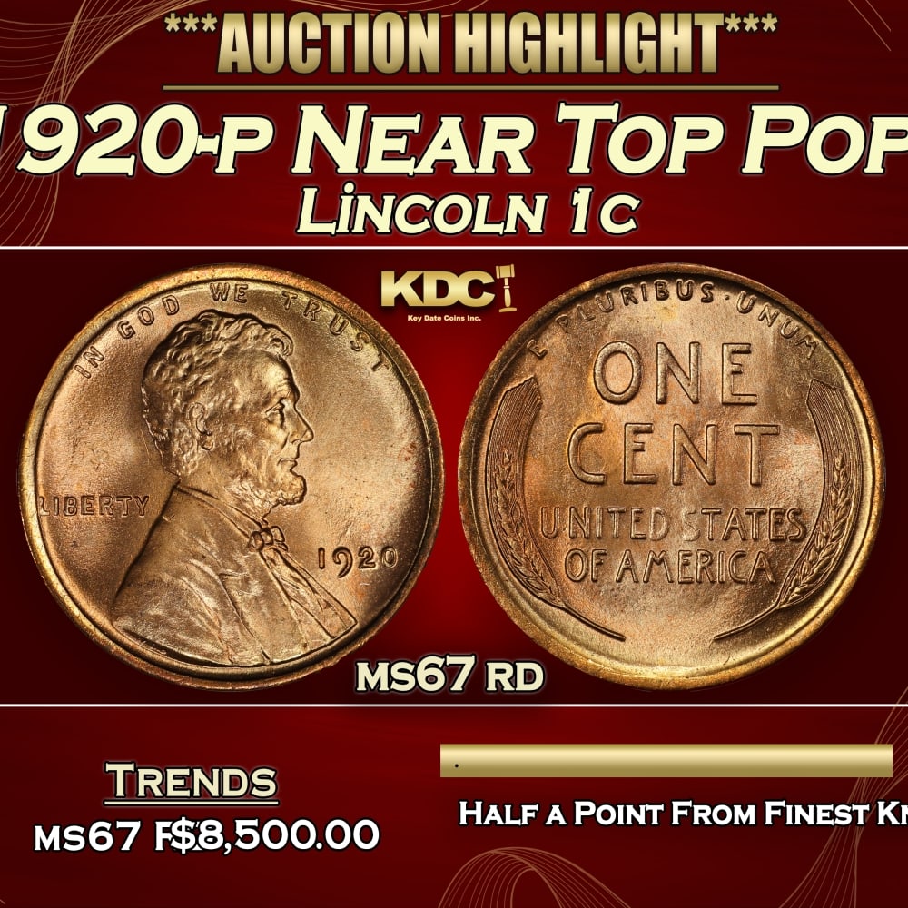 1920-p Lincoln Cent Near Top Pop! 1c ms67 rd SEGS: 1920-p Near Top Pop! Lincoln Cent 1c ms67 rd SEGS. 0