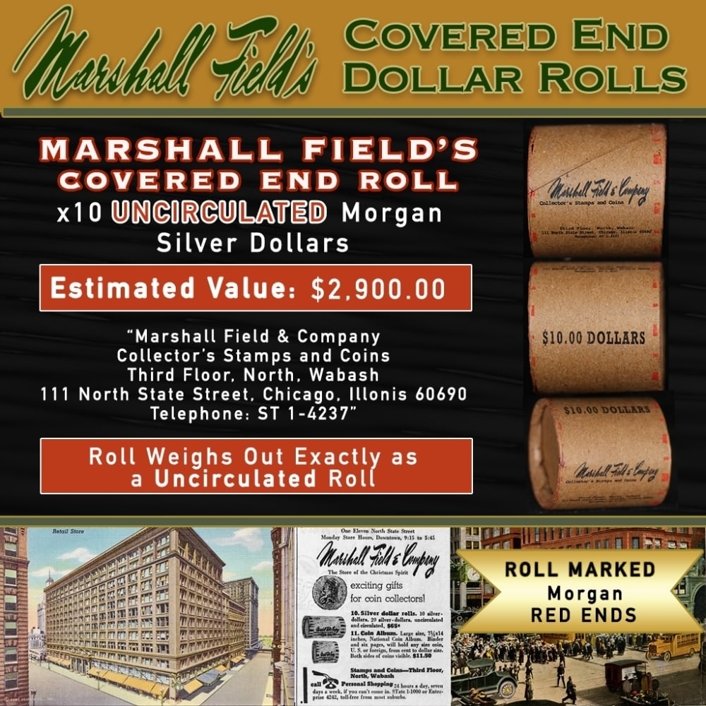 Rare Morgan UNC MARSHALL FIELDS 10 $1 Roll RED Level: Rare Morgan UNC MARSHALL FIELDS 10 $1 Roll RED Level. Up For Auction is a 181- Rare Morgan UNC MARSHALL FIELDS 10 $1 Roll RED Level Roll Weighing 270.1 g Based On this weight this is a UNC Roll We are