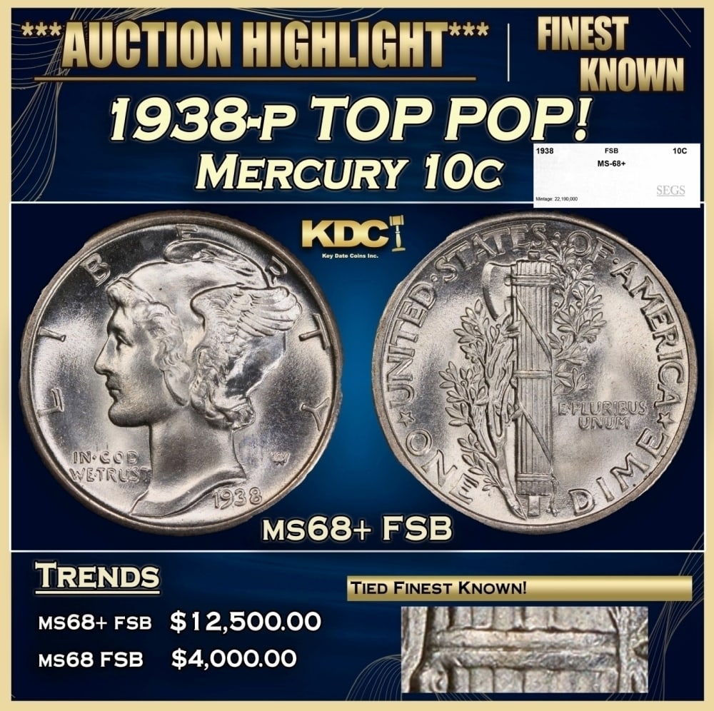 1938-p Mercury Dime TOP POP! 10c ms68+ FSB SEGS (1 of 5)